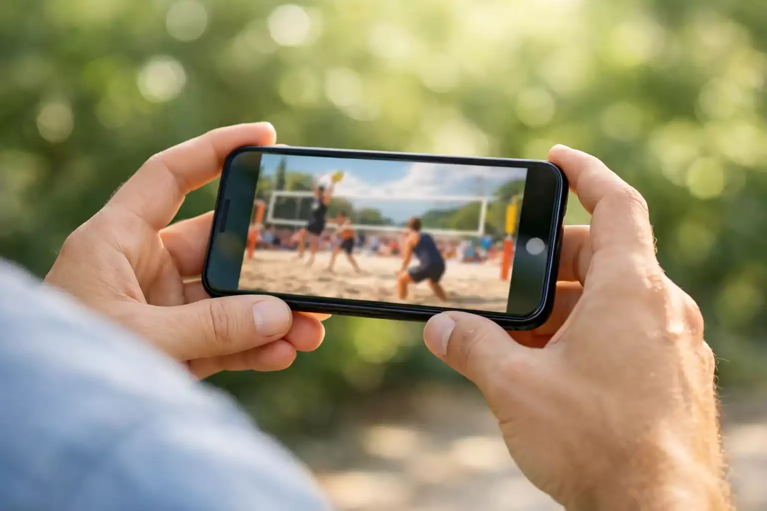 Person verfolgt Beach Volleyball Spiel auf Smartphone