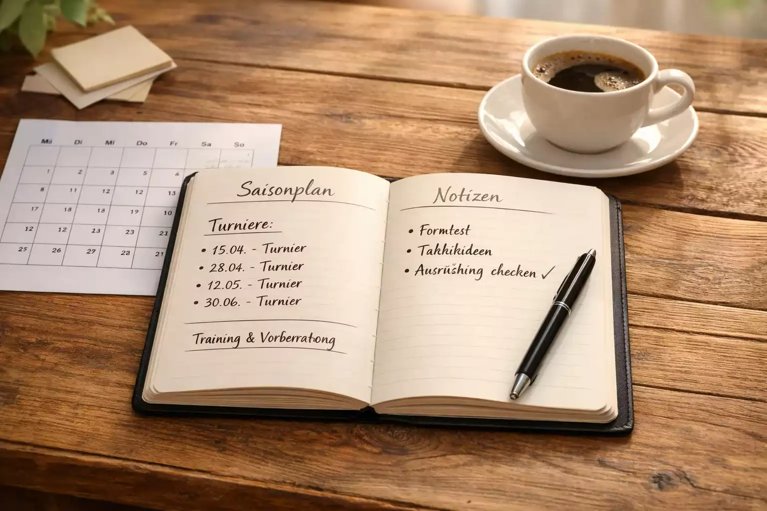 Notizbuch mit Saisonplanung und Beach Volleyball Turnierkalender