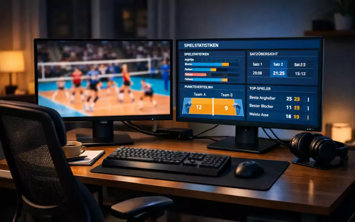 Arbeitsplatz mit zwei Bildschirmen für Livestream und Wetten