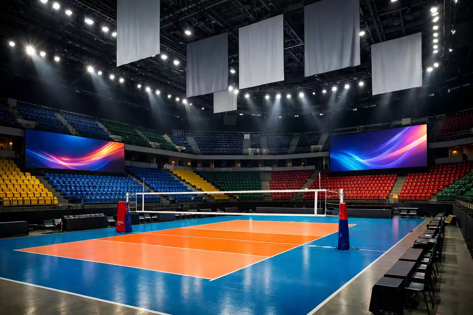 Moderne Volleyball-Arena mit europäischen Nationalflaggen
