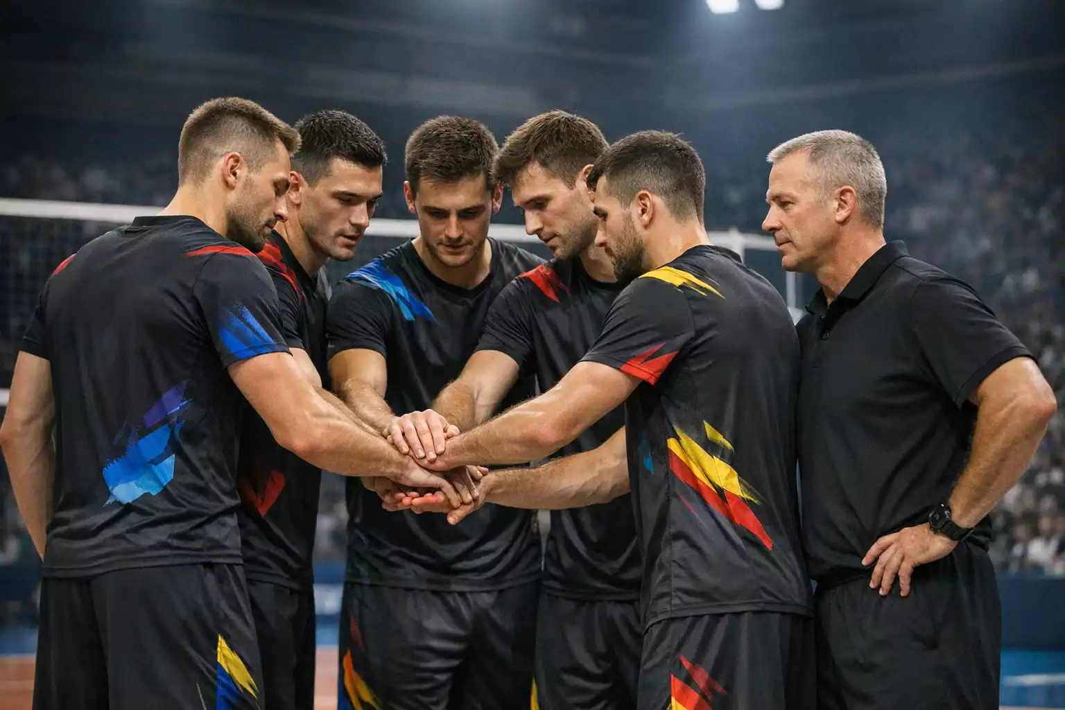 Deutsche Volleyball-Nationalmannschaft im Teamkreis vor einem Länderspiel