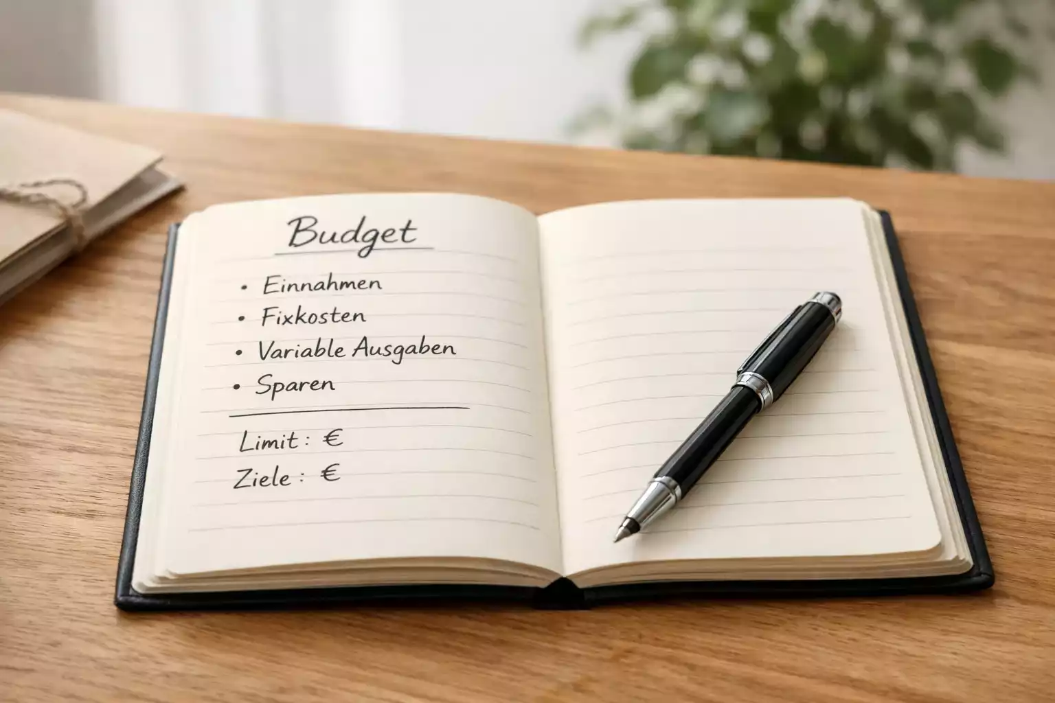 Notizbuch mit Budgetplanung und Stift auf einem Schreibtisch