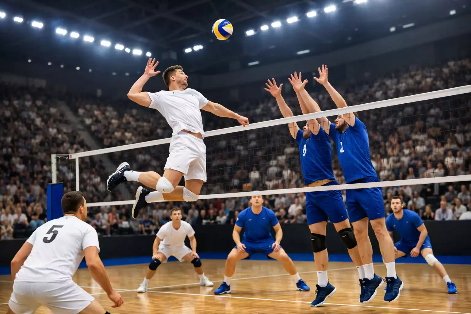 Volleyball-Spiel in einer deutschen Bundesliga-Halle mit Zuschauern