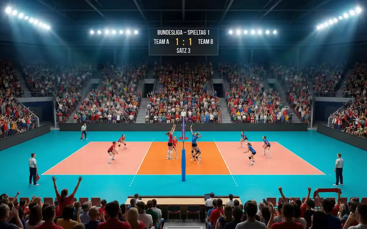 Professionelles Volleyballspiel in einer vollen Arena mit jubelnden Fans