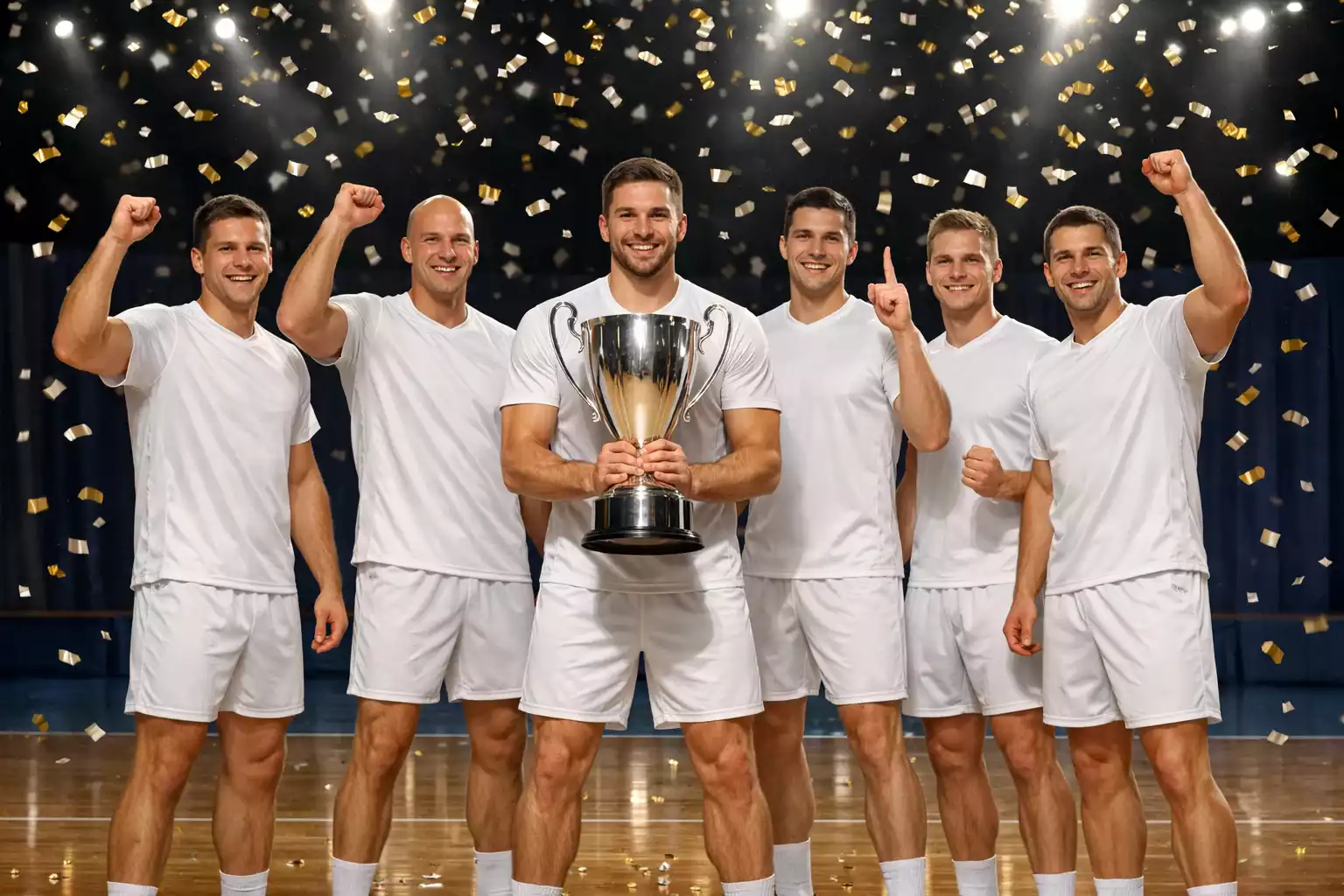 Volleyballmannschaft feiert mit Meisterschaftspokal