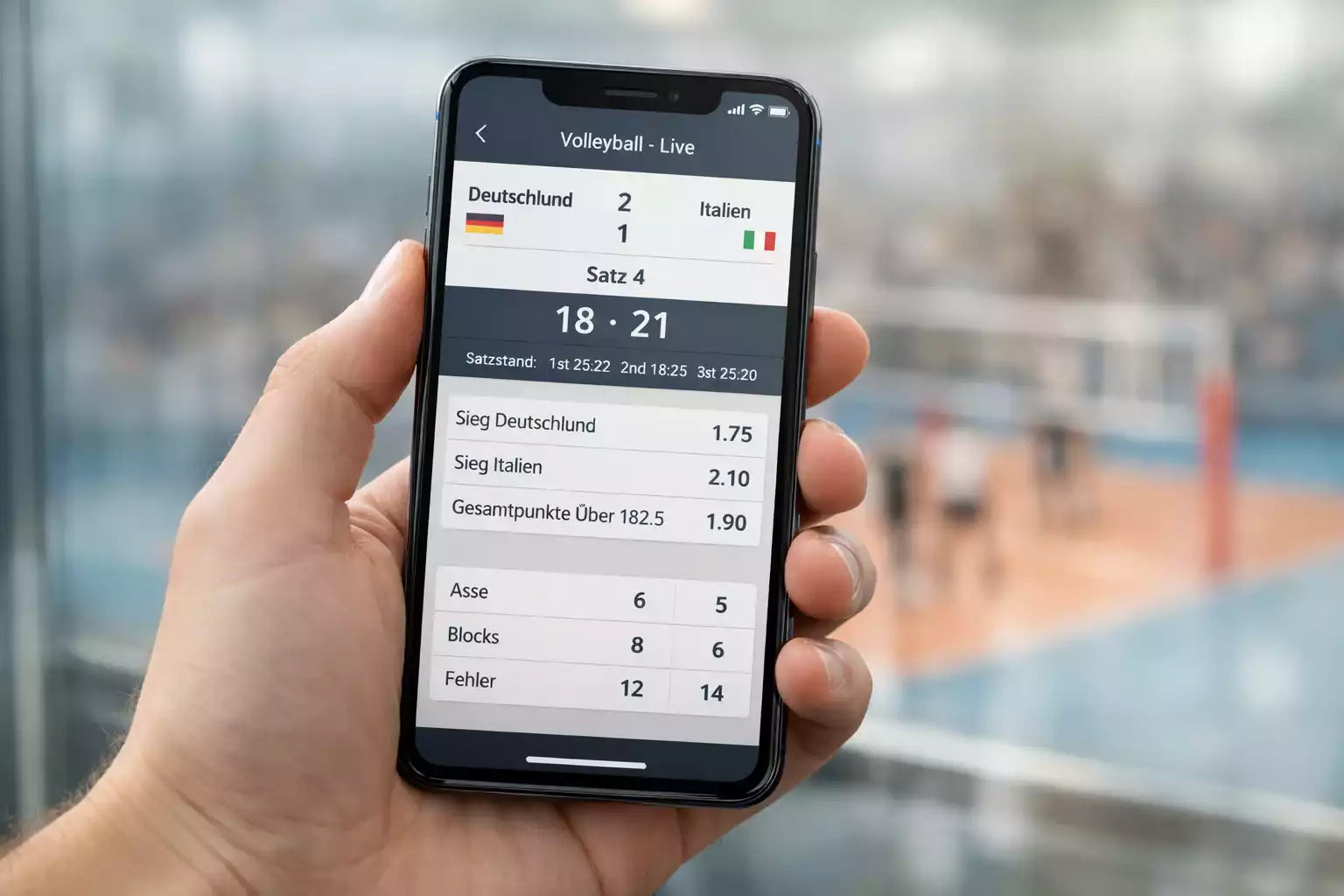 Modernes Smartphone mit Sportwetten-App und Volleyball-Statistiken auf dem Bildschirm