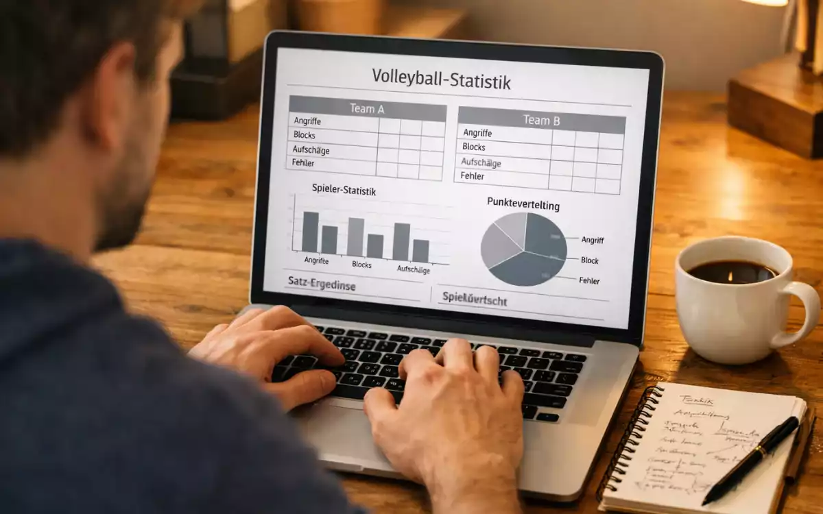 Person analysiert Volleyball-Statistiken auf einem Laptop