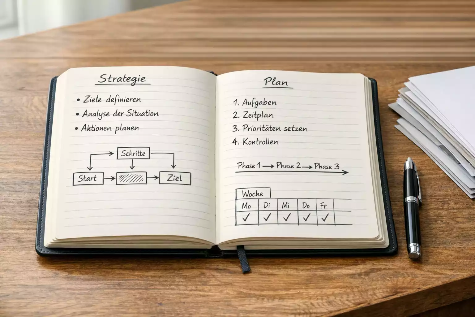 Notizbuch mit Wettstrategien und Analysen auf Schreibtisch