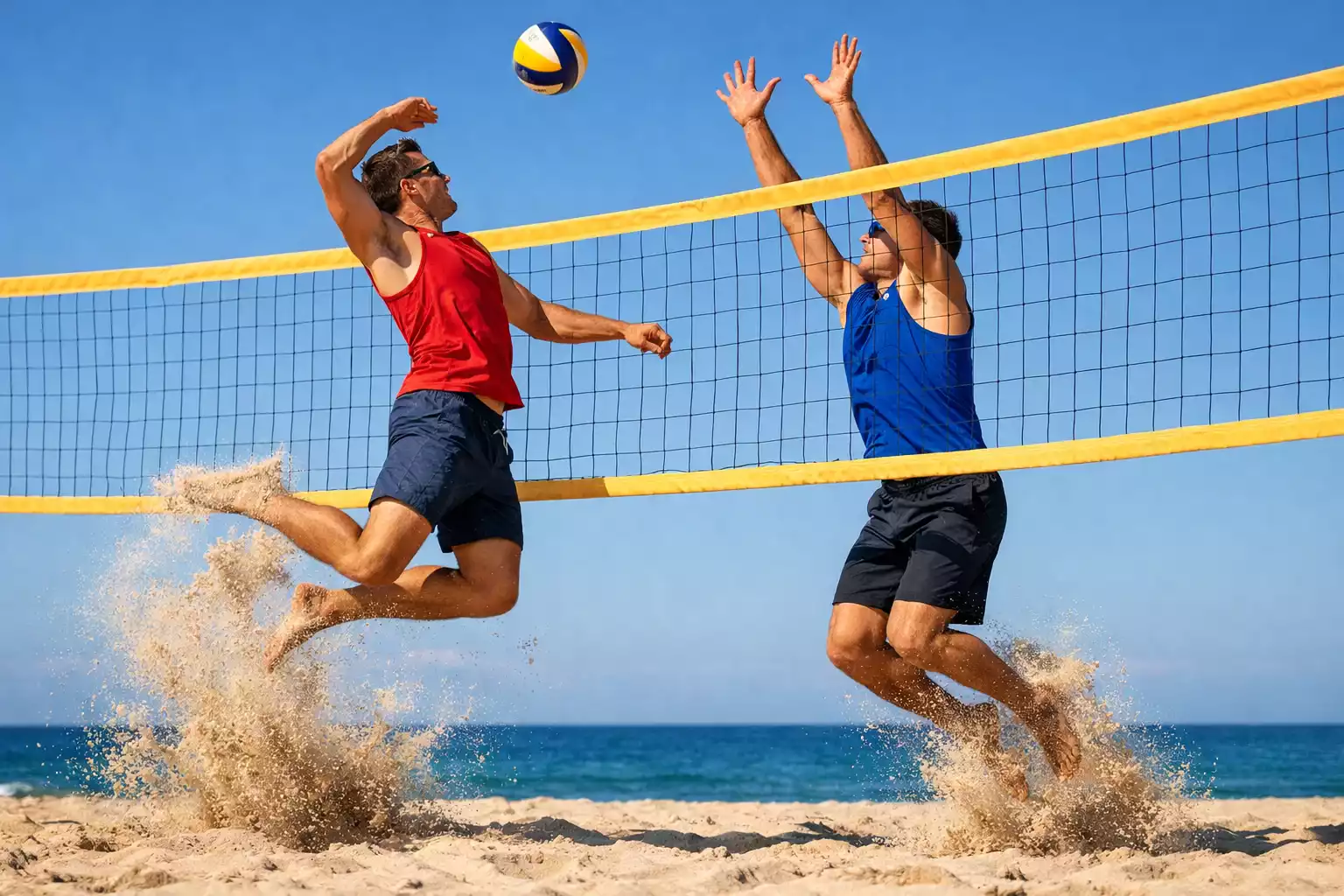 Beachvolleyball-Spiel am Strand mit zwei Spielern am Netz