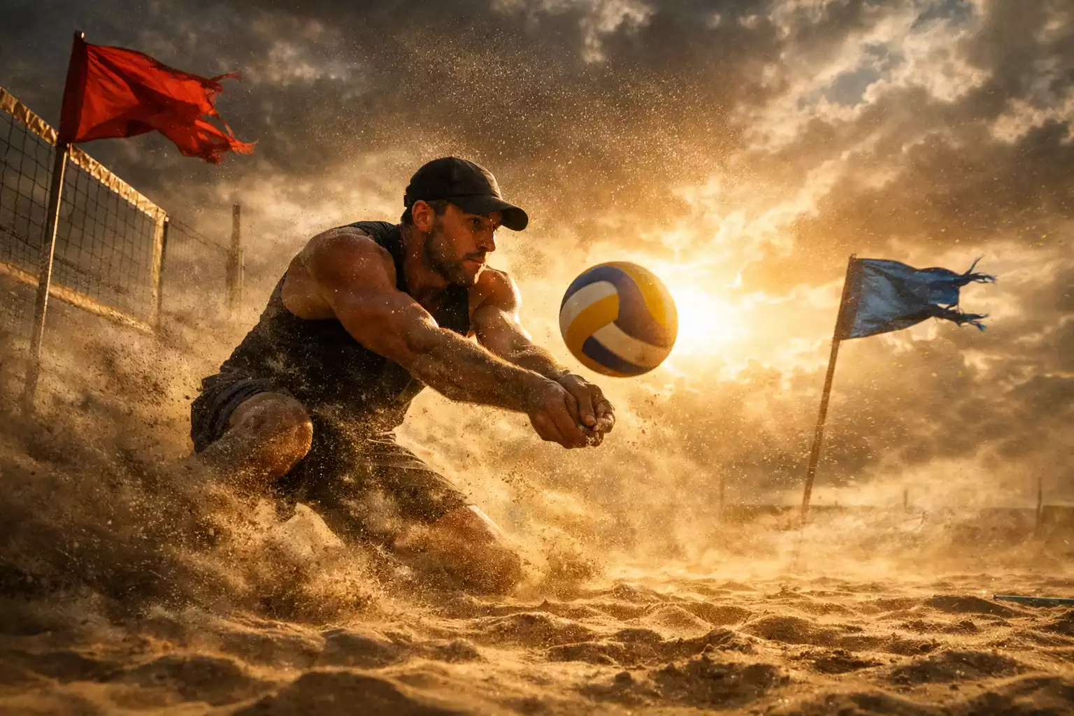 Beachvolleyball bei Wind und Sonne mit wehenden Fahnen