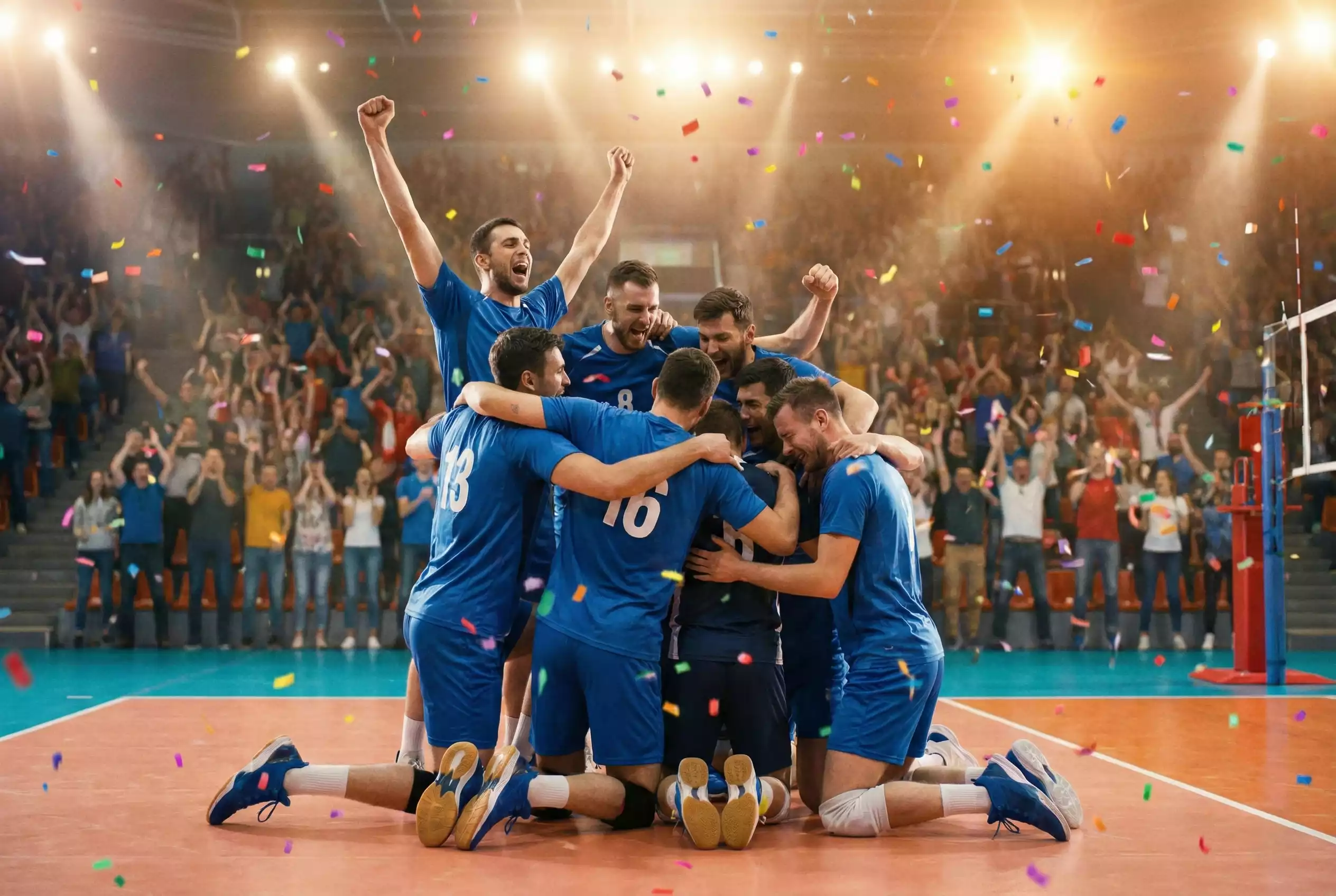 Volleyball-Pokalspiel mit Spielern beim Jubel nach dem Sieg