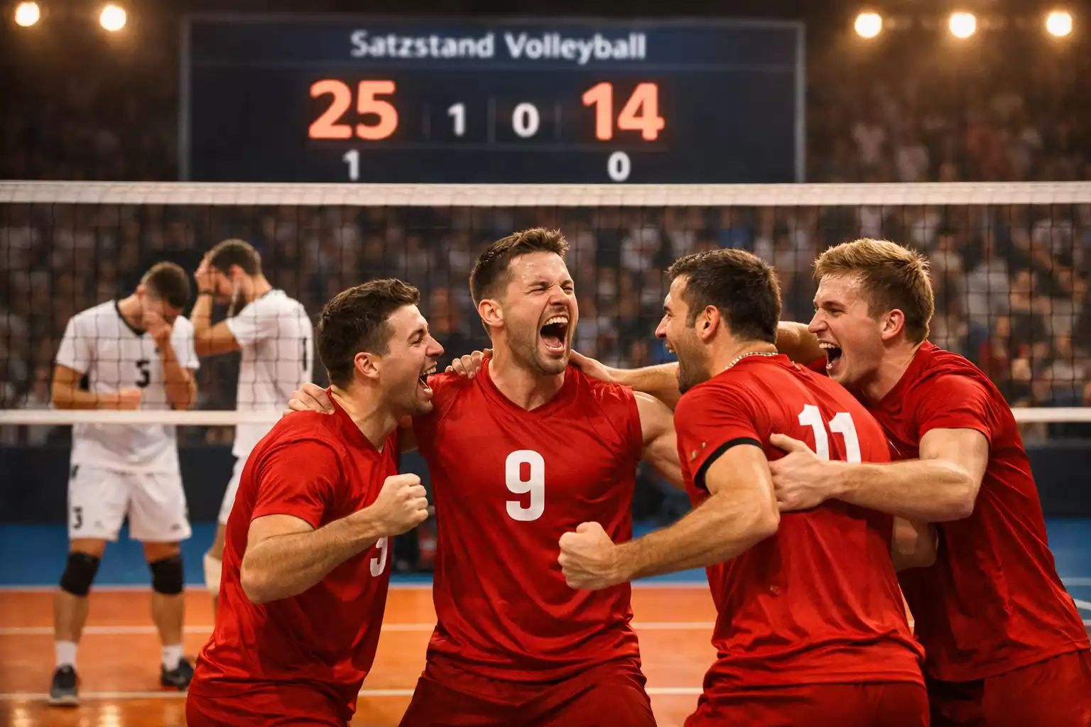 Volleyball-Match mit deutlichem Punktevorsprung auf der Anzeigetafel