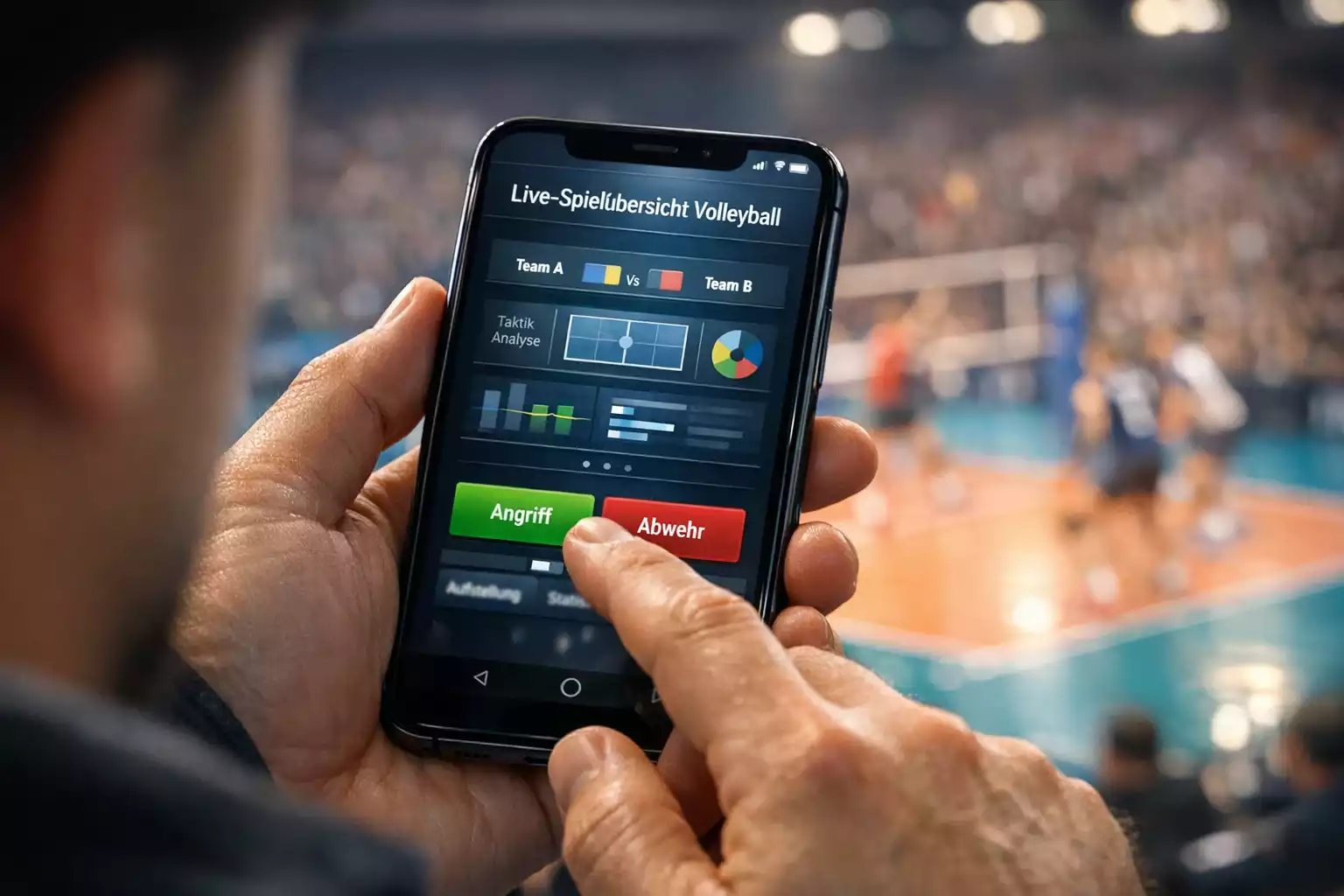 Smartphone mit Sportwetten-App während eines Volleyball-Spiels