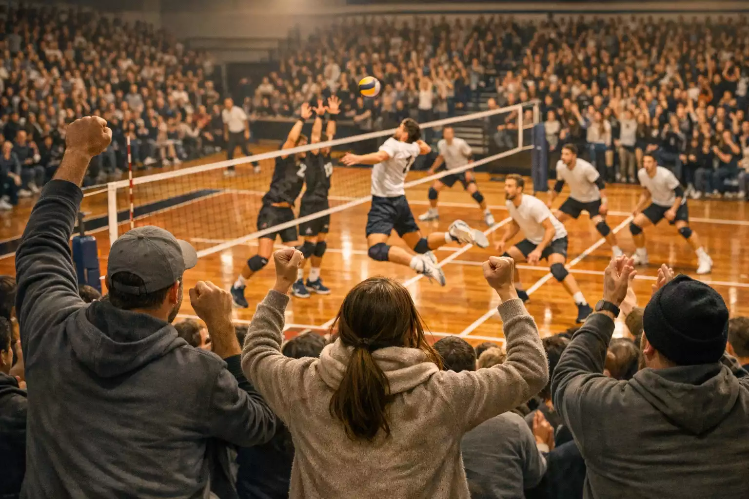 Volleyball-Heimspiel mit enthusiastischen Fans in der Halle