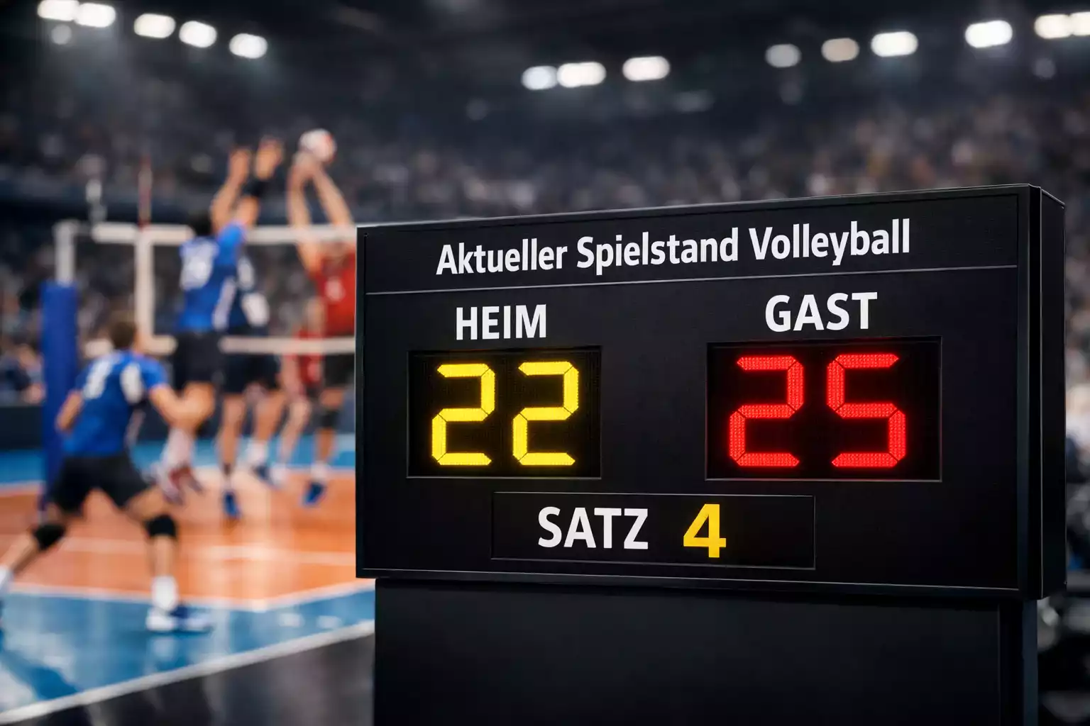 Volleyball-Spieler während eines Live-Spiels mit Anzeigetafel