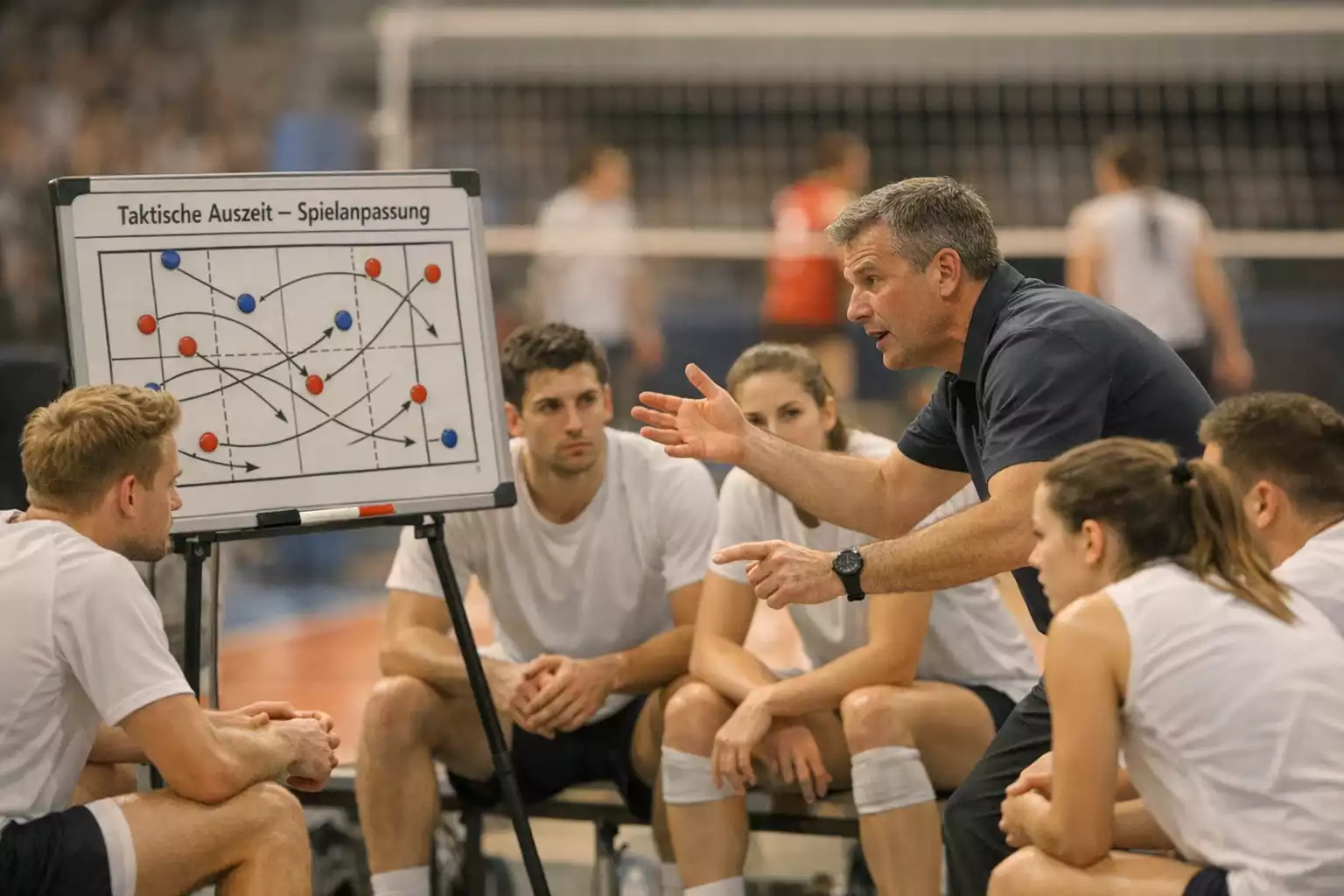 Volleyball-Team bei einer Auszeit während eines Momentum-Wechsels